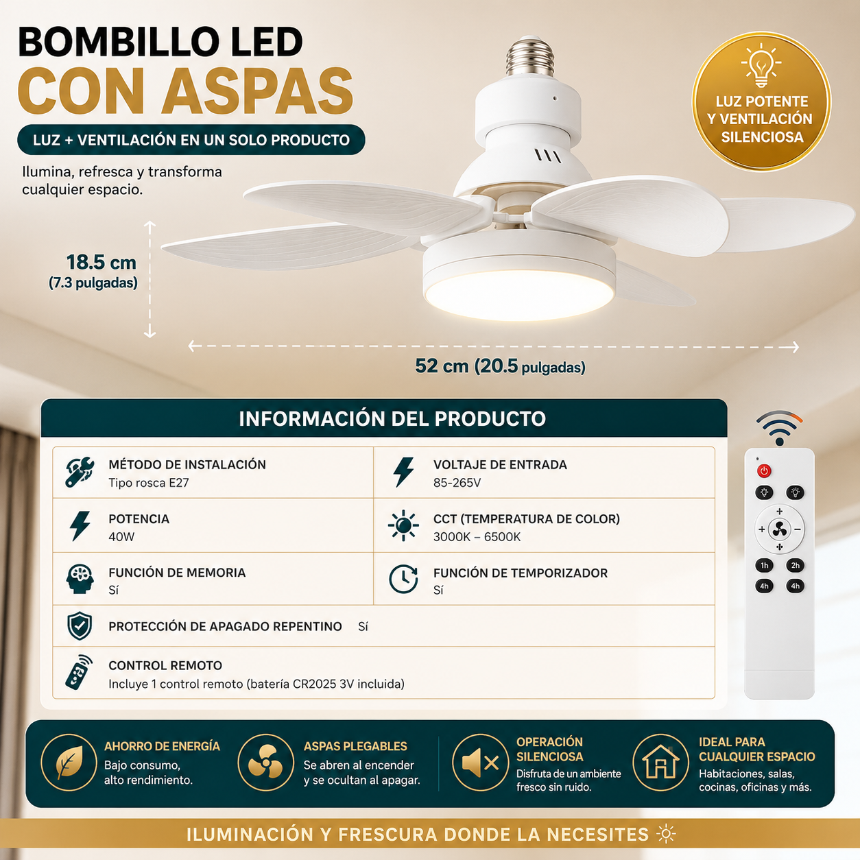 Ventilador Con Foco Led aspas